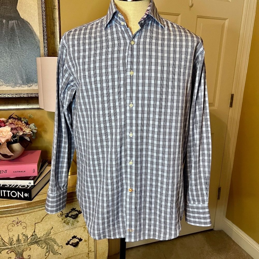 NWOT Men's Thomas Dean Button Front‎ Blue Black White Plaid Shirt Size MEDIUM